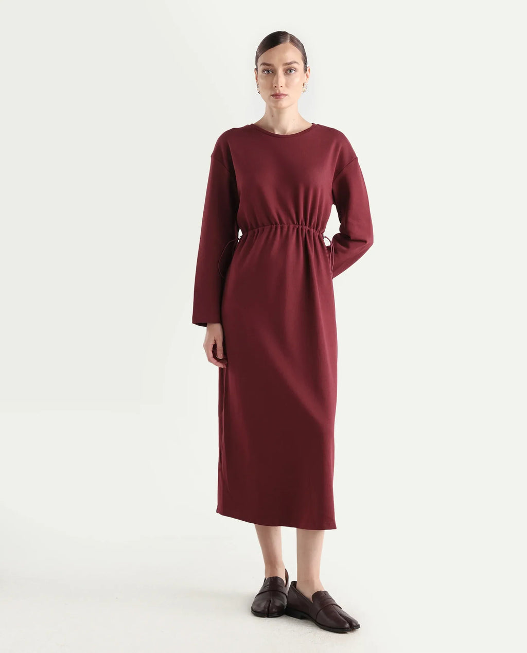 Rareism Women's Zarene Maroon Cotton Cotton Blend Crew Neck Plain Maxi Regular Fit Dress