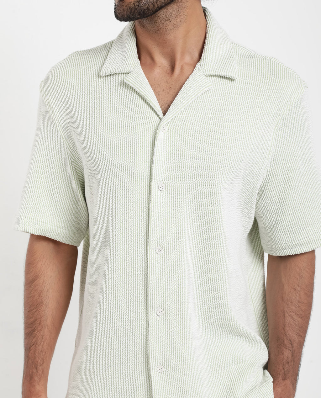 Rare Rabbit Men's Zavet-S Light Green Cotton Striped Print Boxy Fit Half Sleeve Cuban Collar Shirt