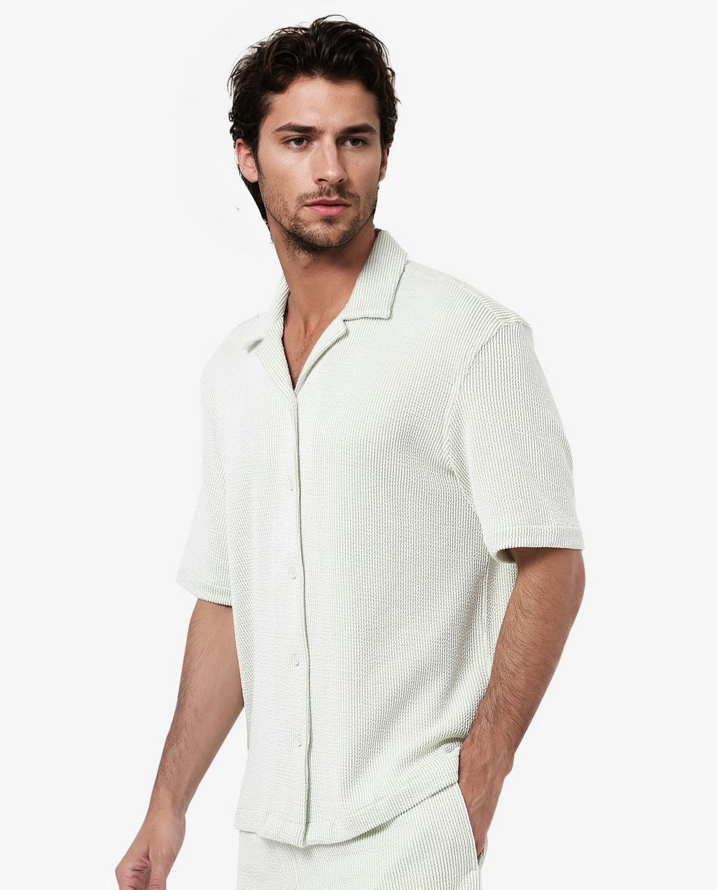 Rare Rabbit Men's Zavet-S Light Green Cotton Striped Print Boxy Fit Half Sleeve Cuban Collar Shirt