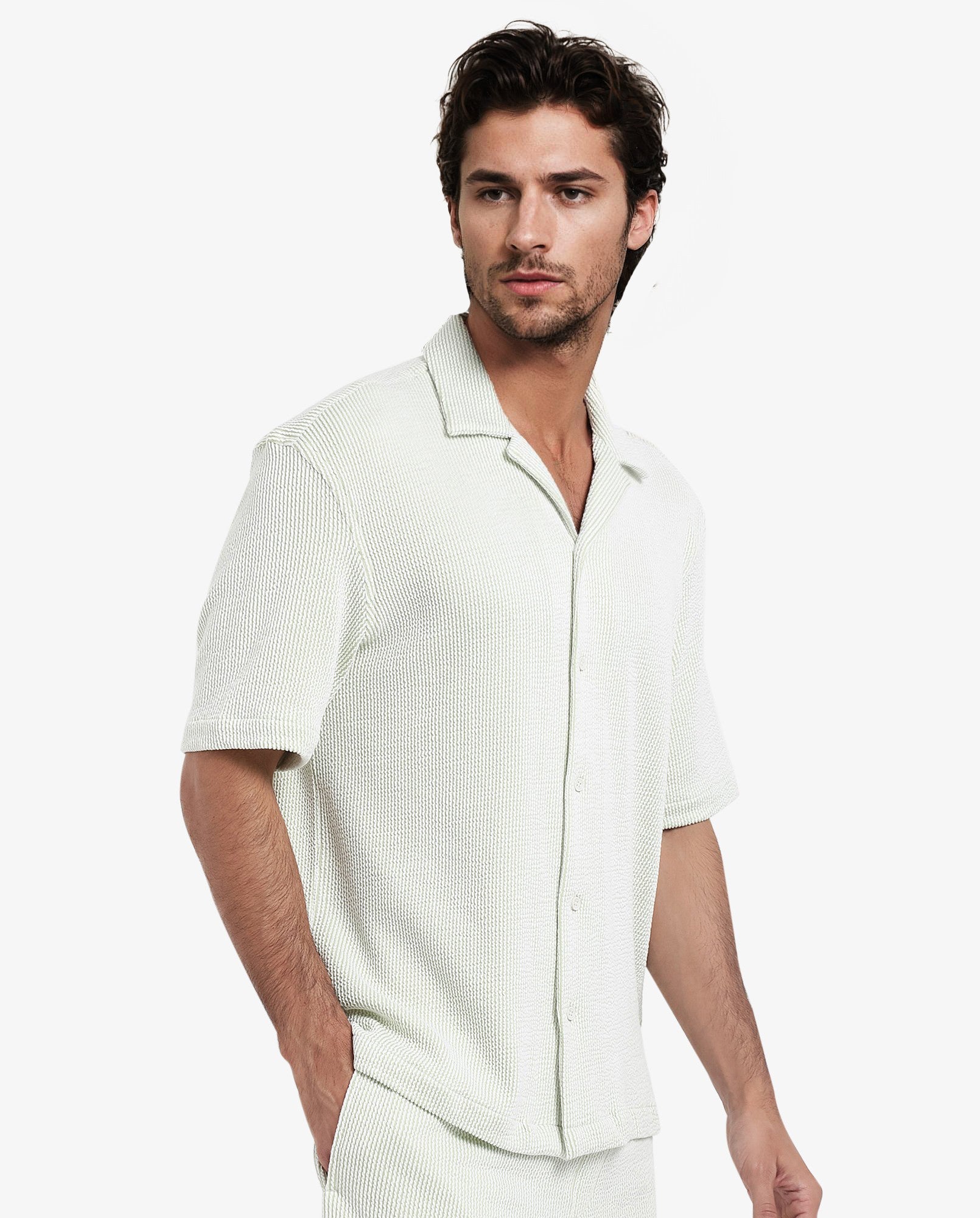 Rare Rabbit Men's Zavet-S Light Green Cotton Striped Print Boxy Fit Half Sleeve Cuban Collar Shirt