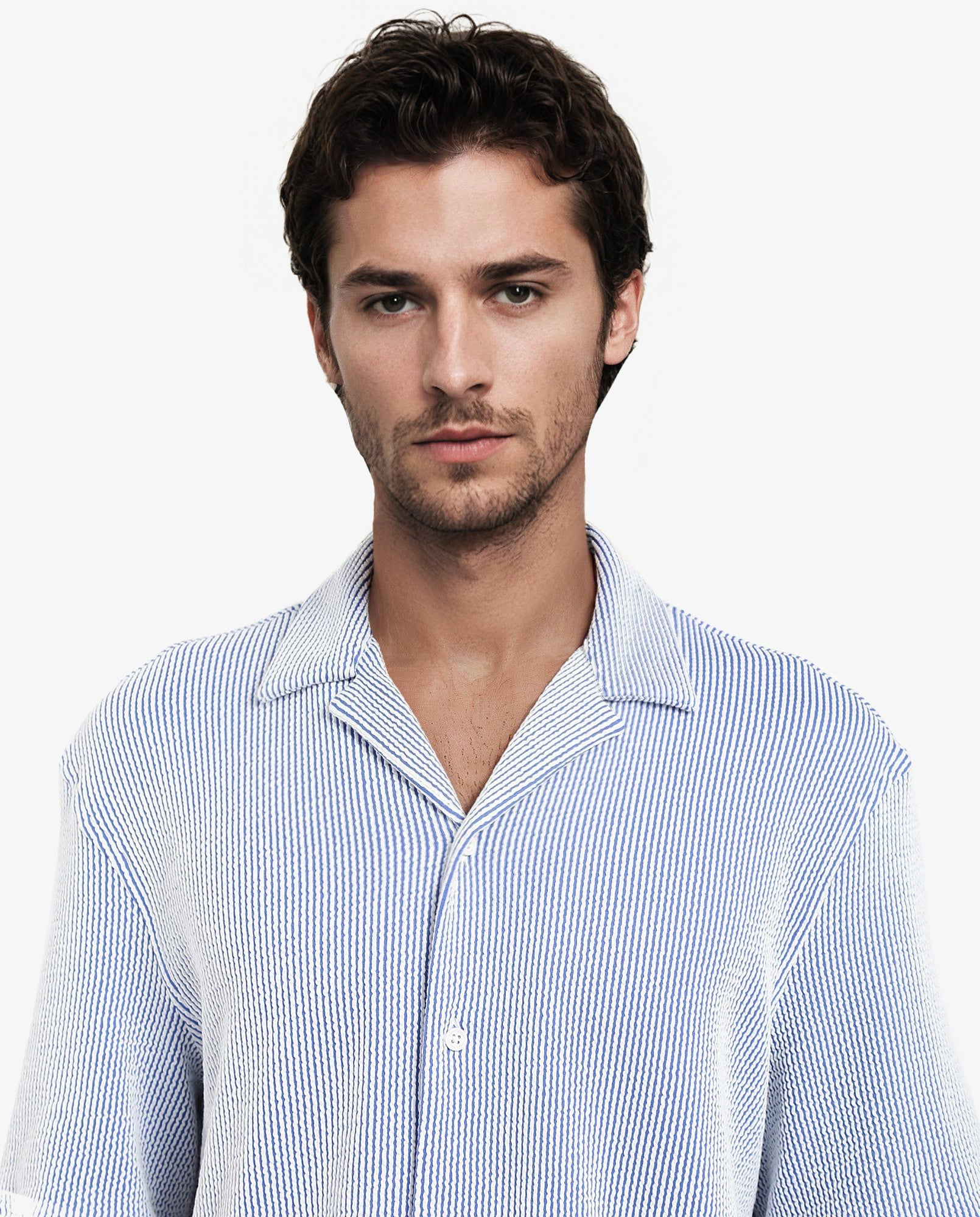Rare Rabbit Men's Zavet-S Blue Cotton Striped Print Boxy Fit Half Sleeve Cuban Collar Shirt