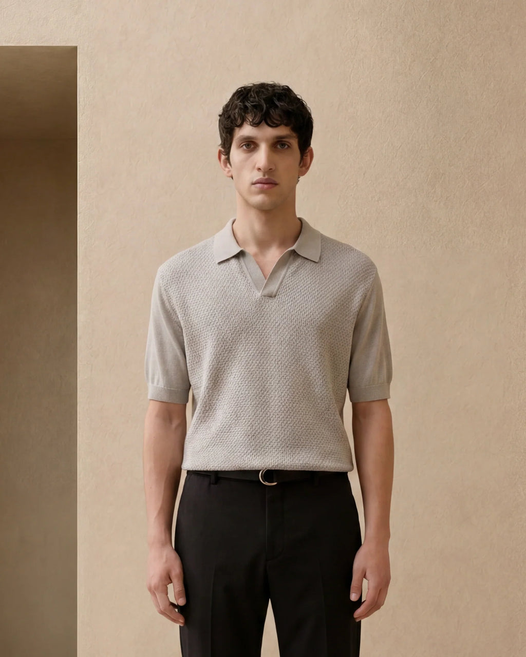 Rare Rabbit Men's Zegot Primary Beige Cotton Johnny Collar Regular Textured Polo