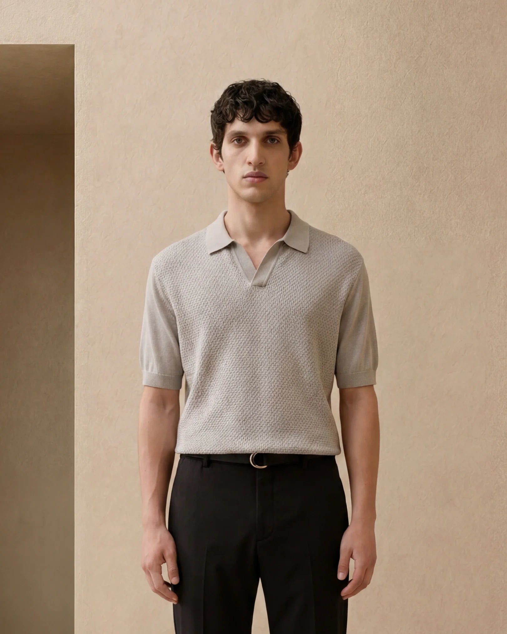 Rare Rabbit Men's Zegot Primary Beige Cotton Johnny Collar Regular Textured Polo