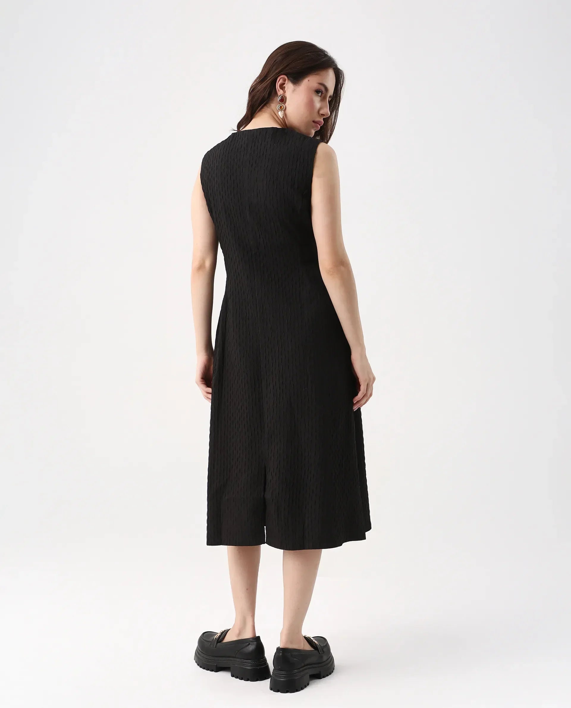 Rareism Women's Zelina Black Polyester Round Neck Striped Sleeveless Knee Length A-Line Dress