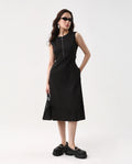 Rareism Women's Zelina Black Polyester Round Neck Striped Sleeveless Knee Length A-Line Dress