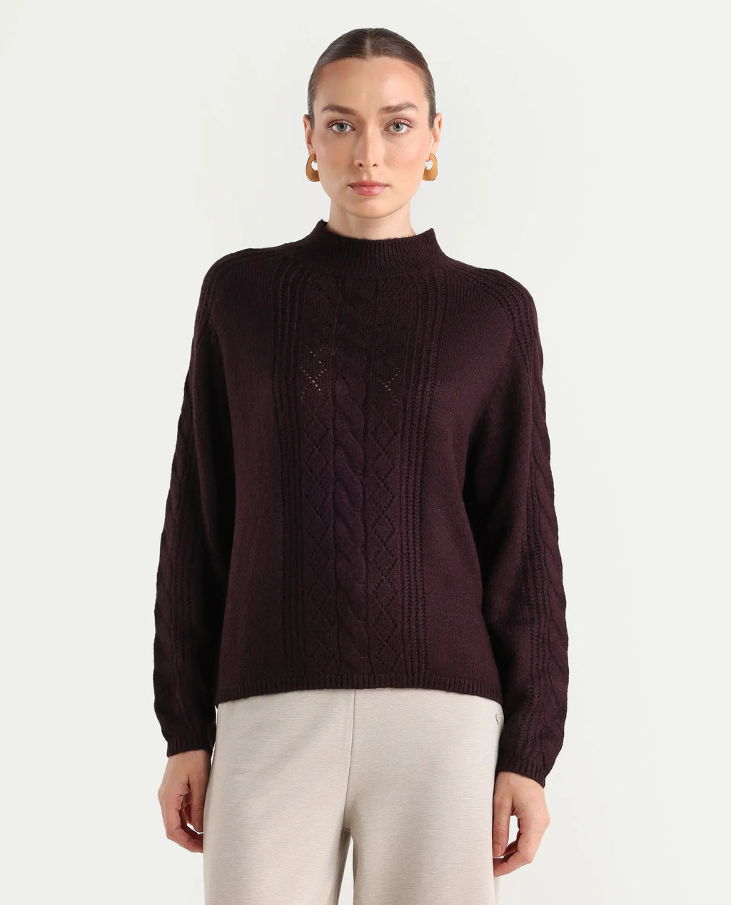 Rareism Women's Zella Dark Maroon Acrylic Blend High Neck Plain Regular Fit Sweater