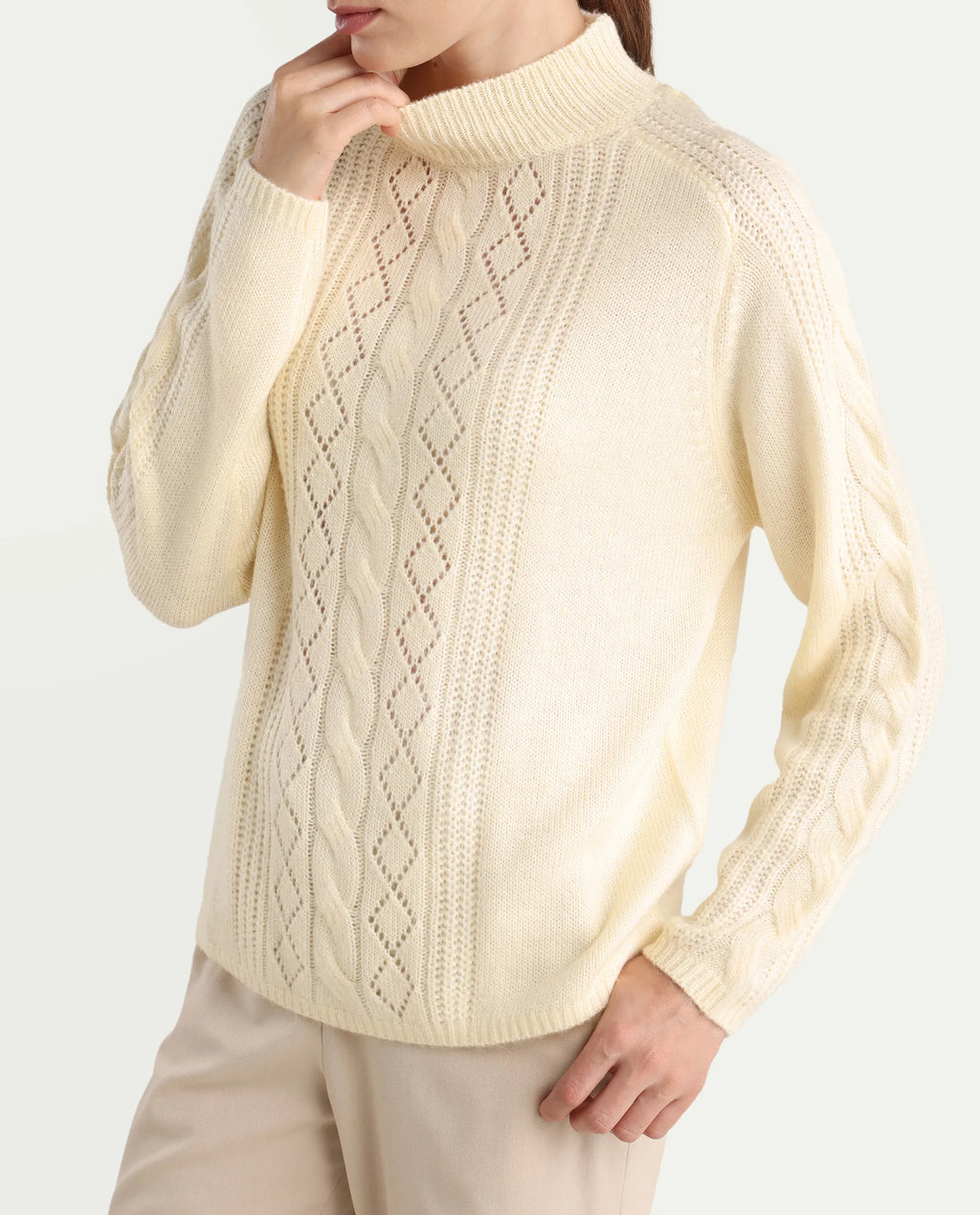 Rareism Women's Zella Off White Acrylic Blend High Neck Regular Fit Plain Sweater