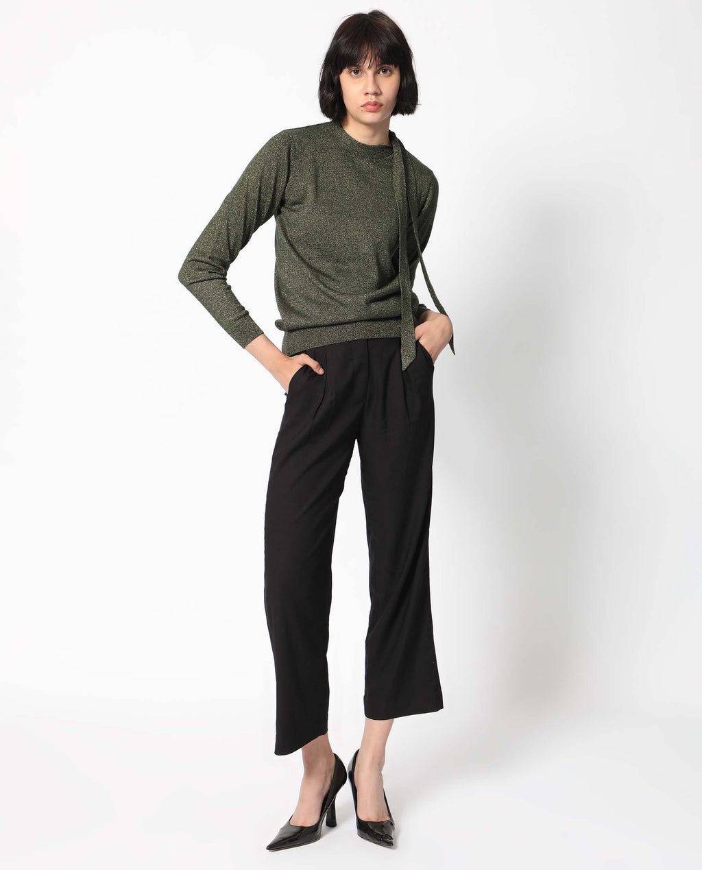 Rareism Women's Zener Green Acrylic High Neck Plain Regular Fit Sweater