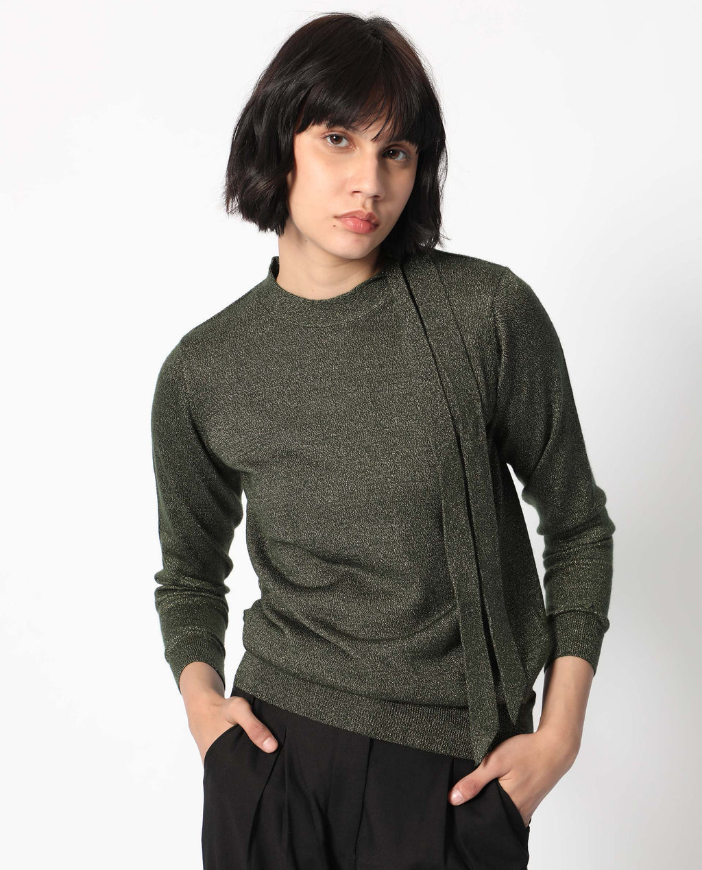Rareism Women's Zener Green Acrylic High Neck Plain Regular Fit Sweater