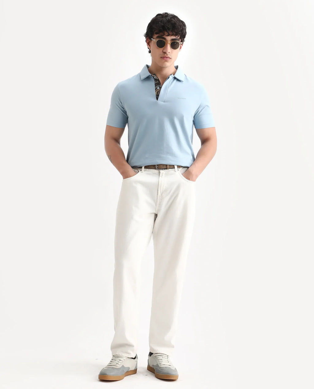 Rare Rabbit Men's Zeni-A25 Dusky Blue Cotton Blend Plain Regular Fit Half Sleeve Polo