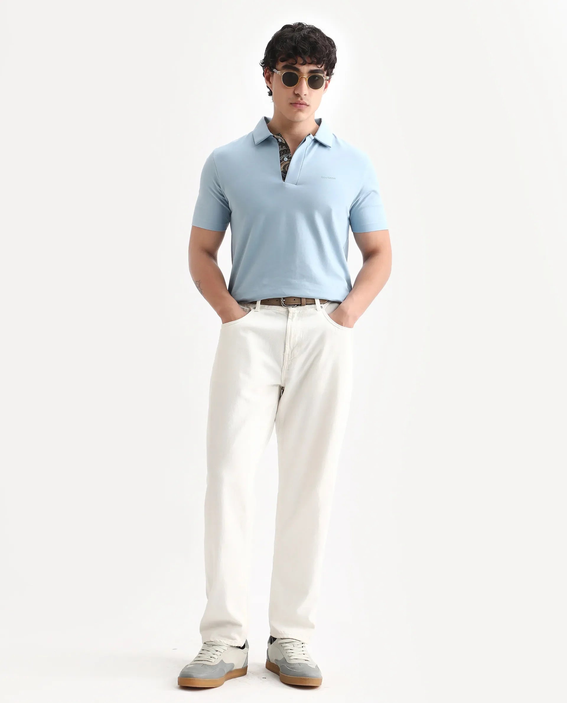 Rare Rabbit Men's Zeni-A25 Dusky Blue Cotton Blend Plain Regular Fit Half Sleeve Polo