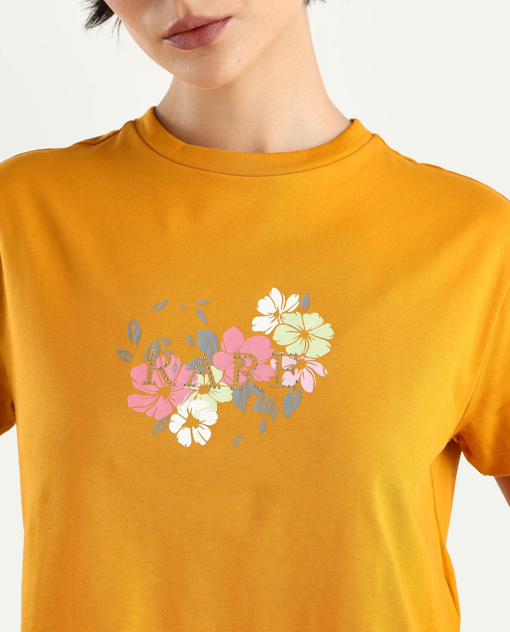 Rareism Women's Zenith Dark Mustard Cotton Blend Crew Neck Graphic Print Crop Relaxed Fit T-Shirt