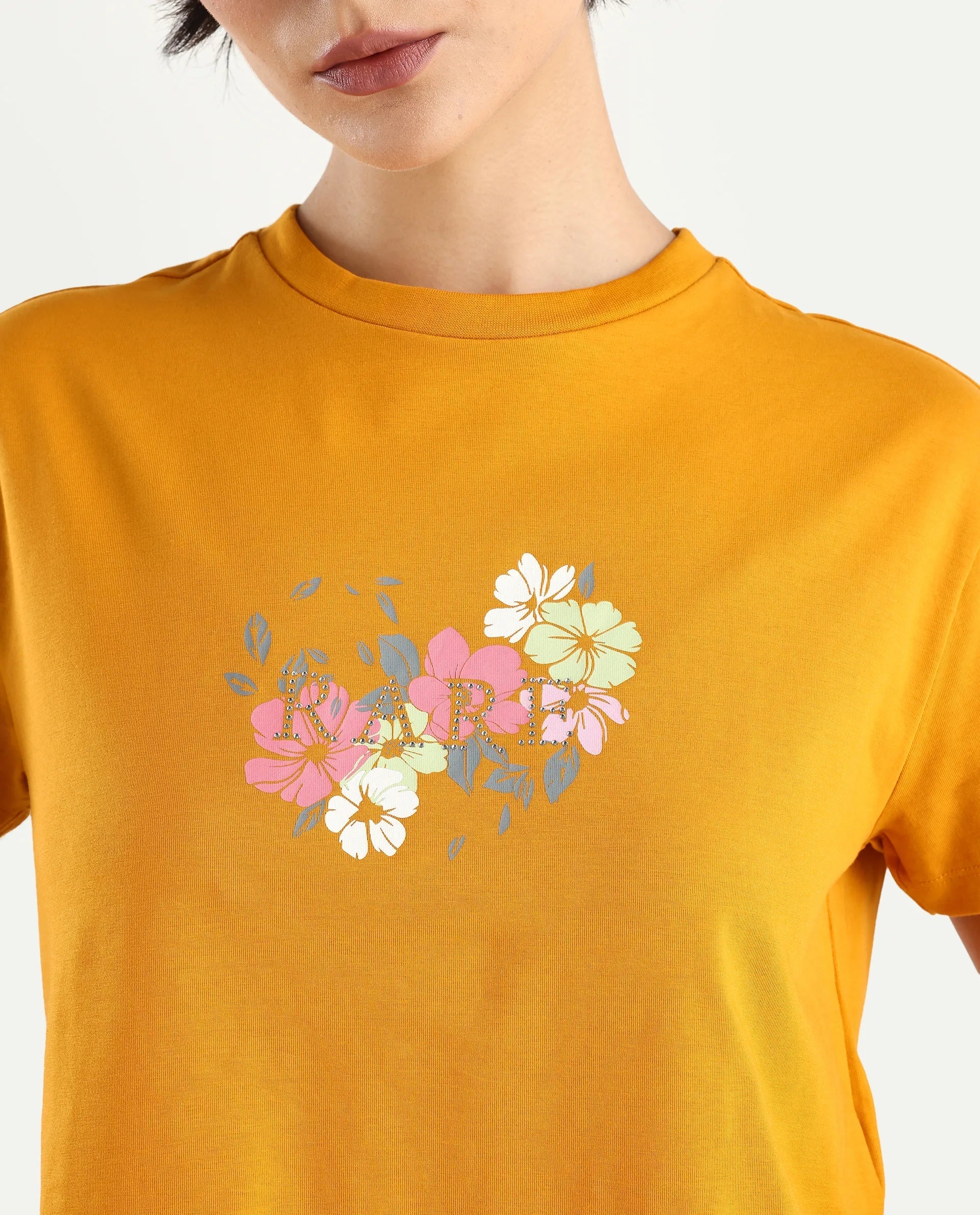 Rareism Women's Zenith Dark Mustard Cotton Blend Crew Neck Graphic Print Crop Relaxed Fit T-Shirt
