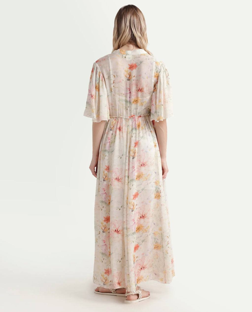 Rareism Women's Zenya Off White Polyester Blend V-Neck Floral Print Flared Sleeve Maxi Flared Dress