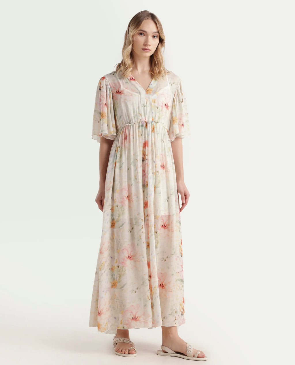 Rareism Women's Zenya Off White Polyester Blend V-Neck Floral Print Flared Sleeve Maxi Flared Dress