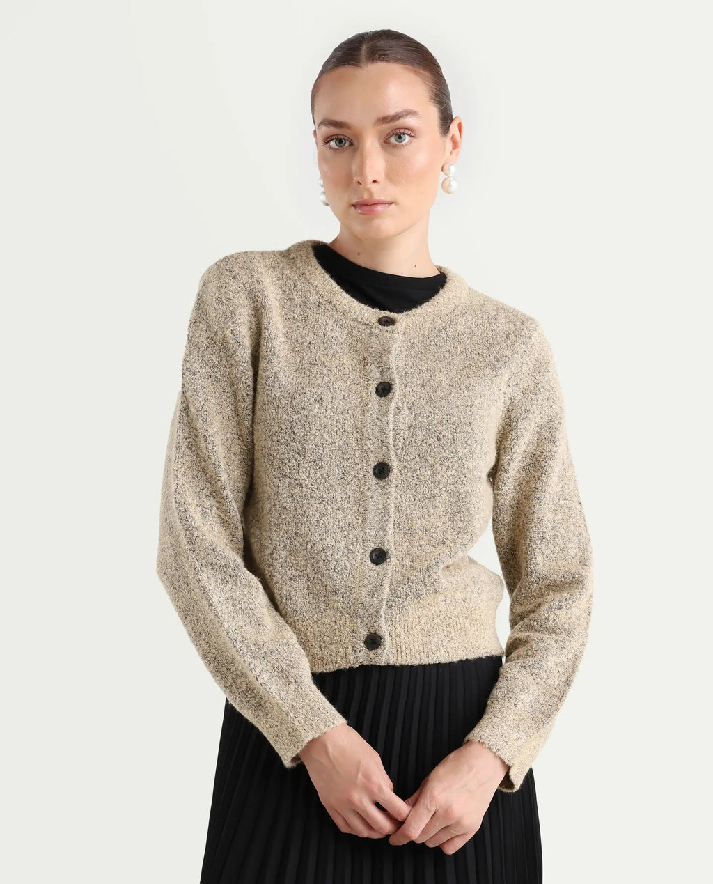 Rareism Women's Zer Beige Acrylic Blend Crew Neck Regular Fit Cardigan