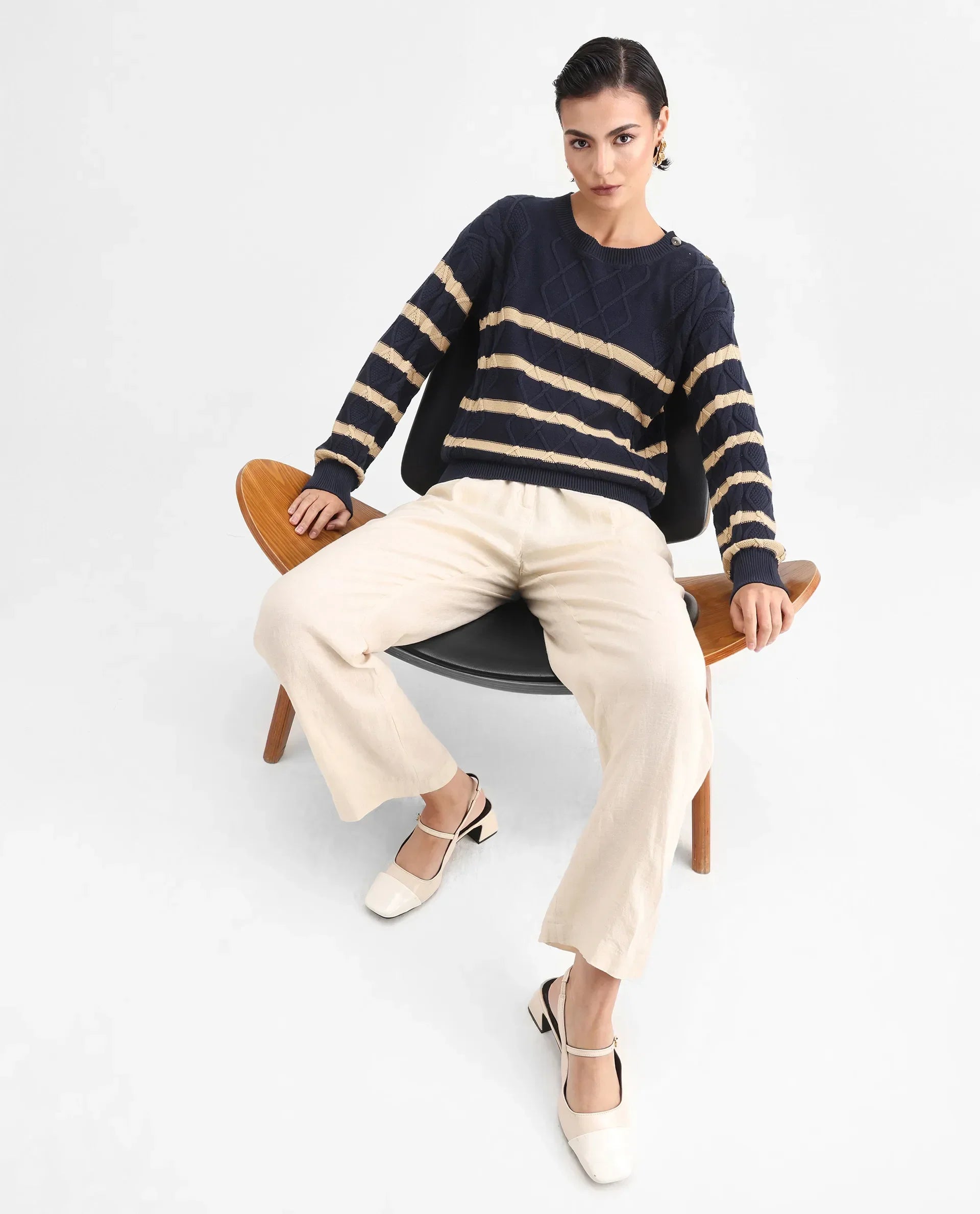 Rareism Women's Zerna Dark Navy Cotton Crew Neck Plain Regular Fit Sweater