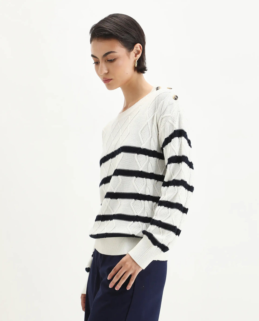 Rareism Women's Zerna White Cotton Crew Neck Regular Fit Sweater