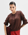 Rareism Women's Zerra Brown Satin Crew Neck Plain Bishop Sleeve Relaxed Fit Top