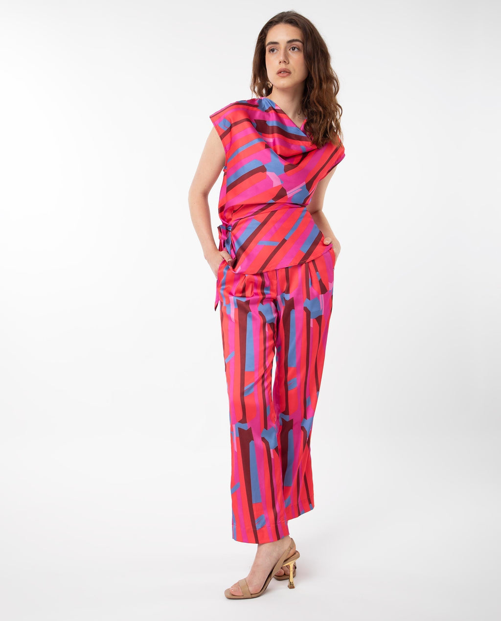 Rareism Women's Zersa Pink Polyester Abstract Print Ankle Length Relaxed Fit Trouser