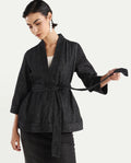 Rareism Women's Zezamy Black Cotton Wrap Neck Plain Regular Fit Jacket