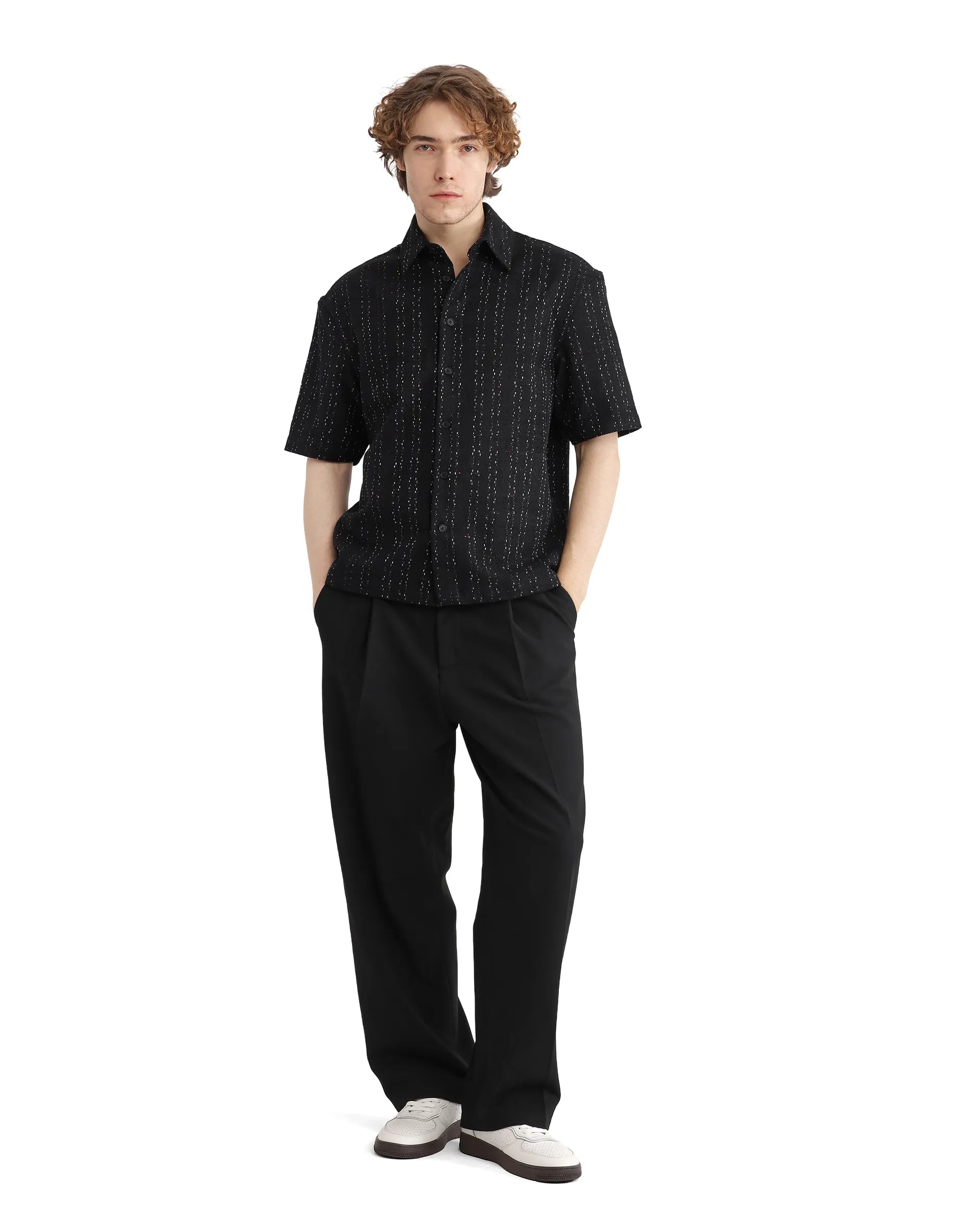 Rare Rabbit Men's Zhet Navy Cotton Striped Print Regular Fit Half Sleeve Collared Shirt