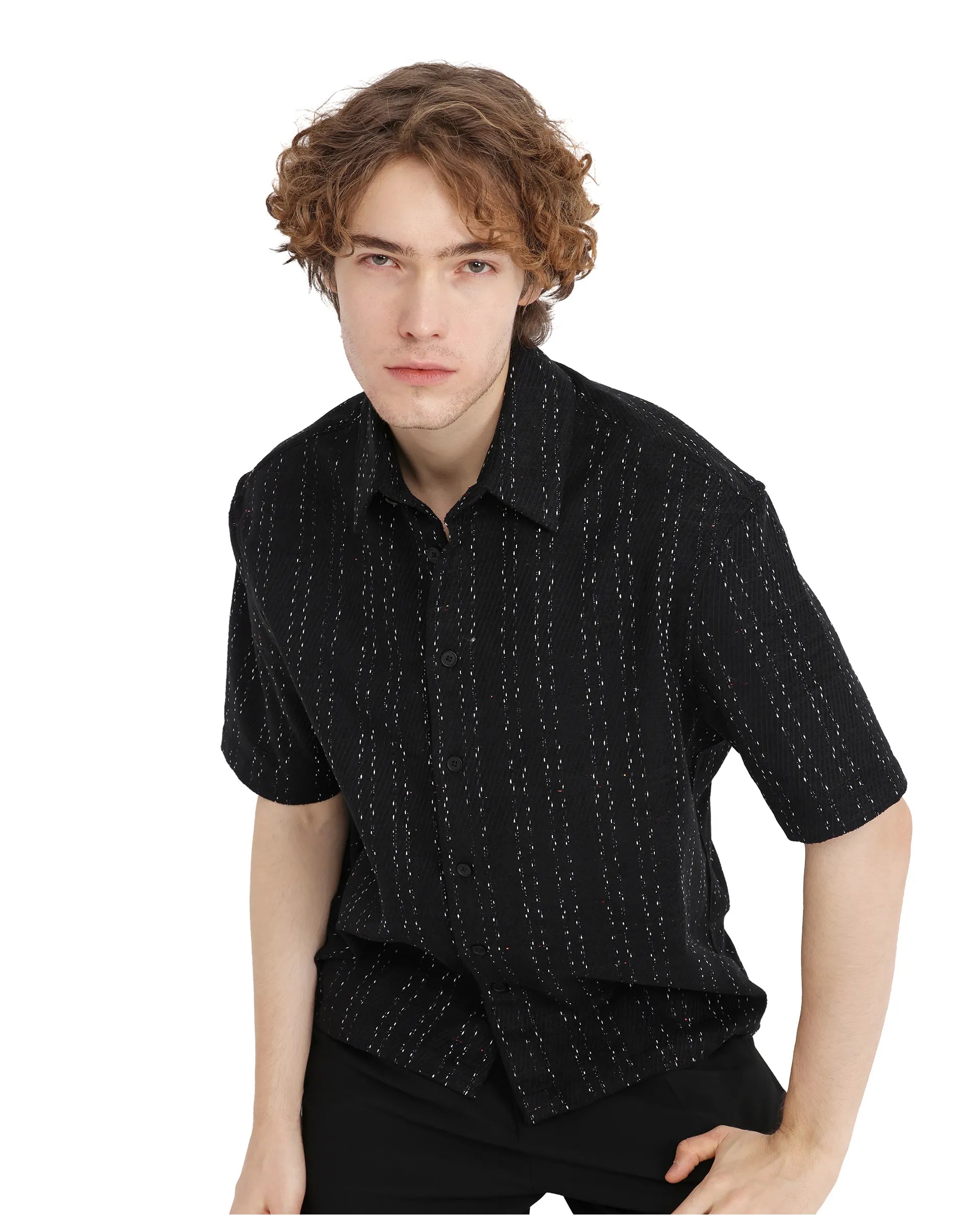 Rare Rabbit Men's Zhet Navy Cotton Striped Print Regular Fit Half Sleeve Collared Shirt