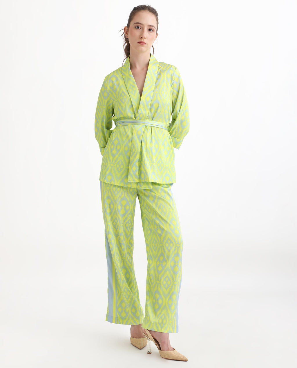 Rareism Women's Zie Yellow Polyester Striped Ankle Length Regular Fit Trouser