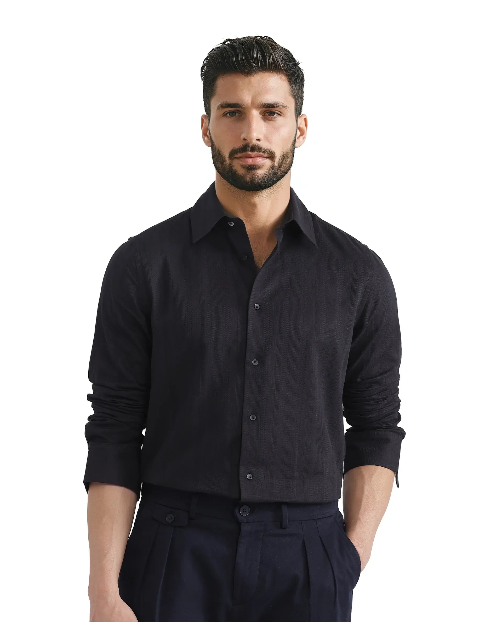 Rare Rabbit Men's Zift Black Cotton Blend Plain Regular Fit Full Sleeve Collared Shirt