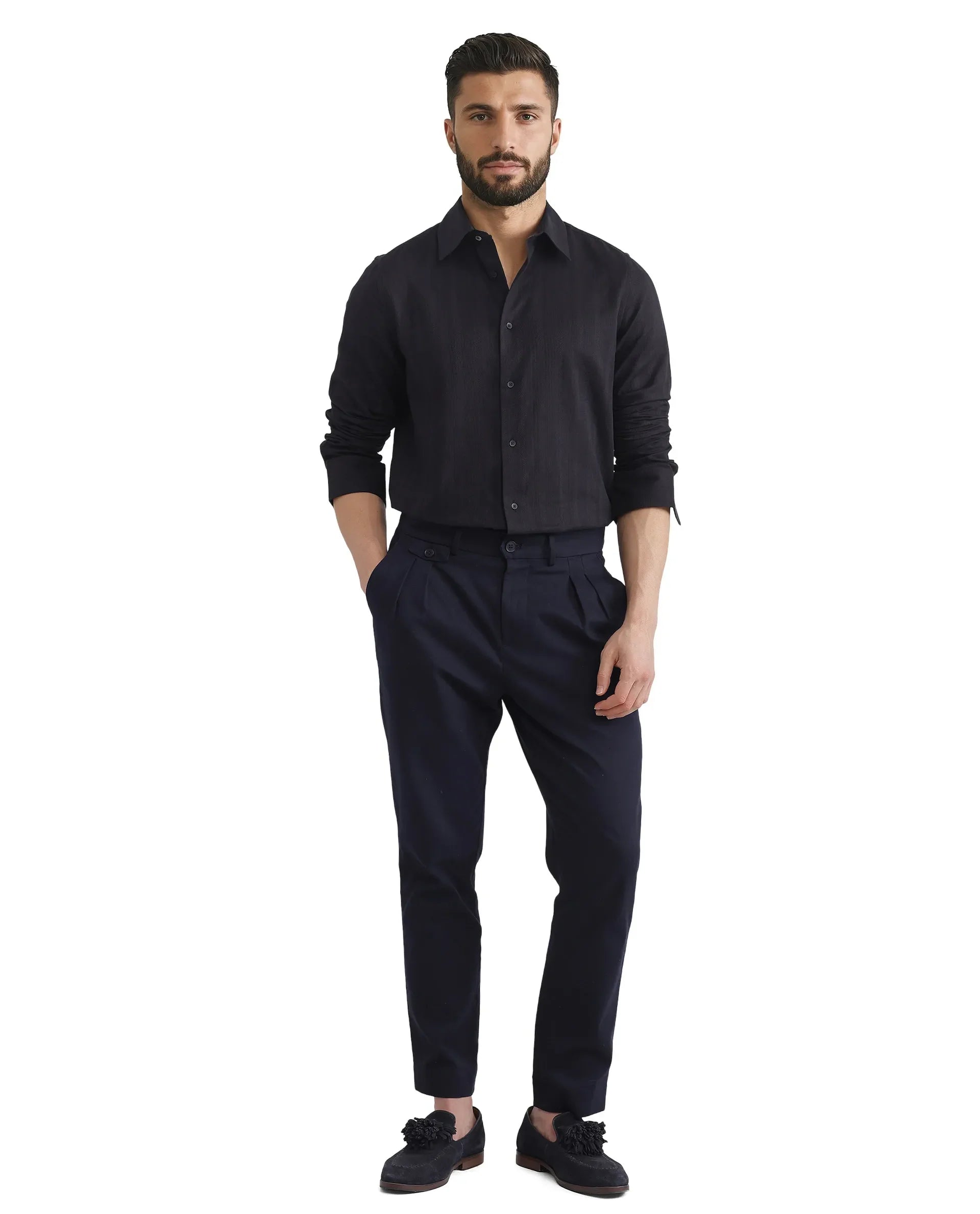 Rare Rabbit Men's Zift Black Cotton Blend Plain Regular Fit Full Sleeve Collared Shirt