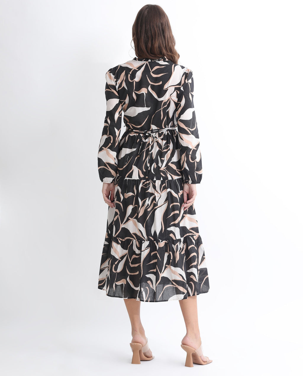 Rareism Women's Zigzora Black Cotton Sweetheart Neck Abstract Print Knee Length Regular Fit Dress