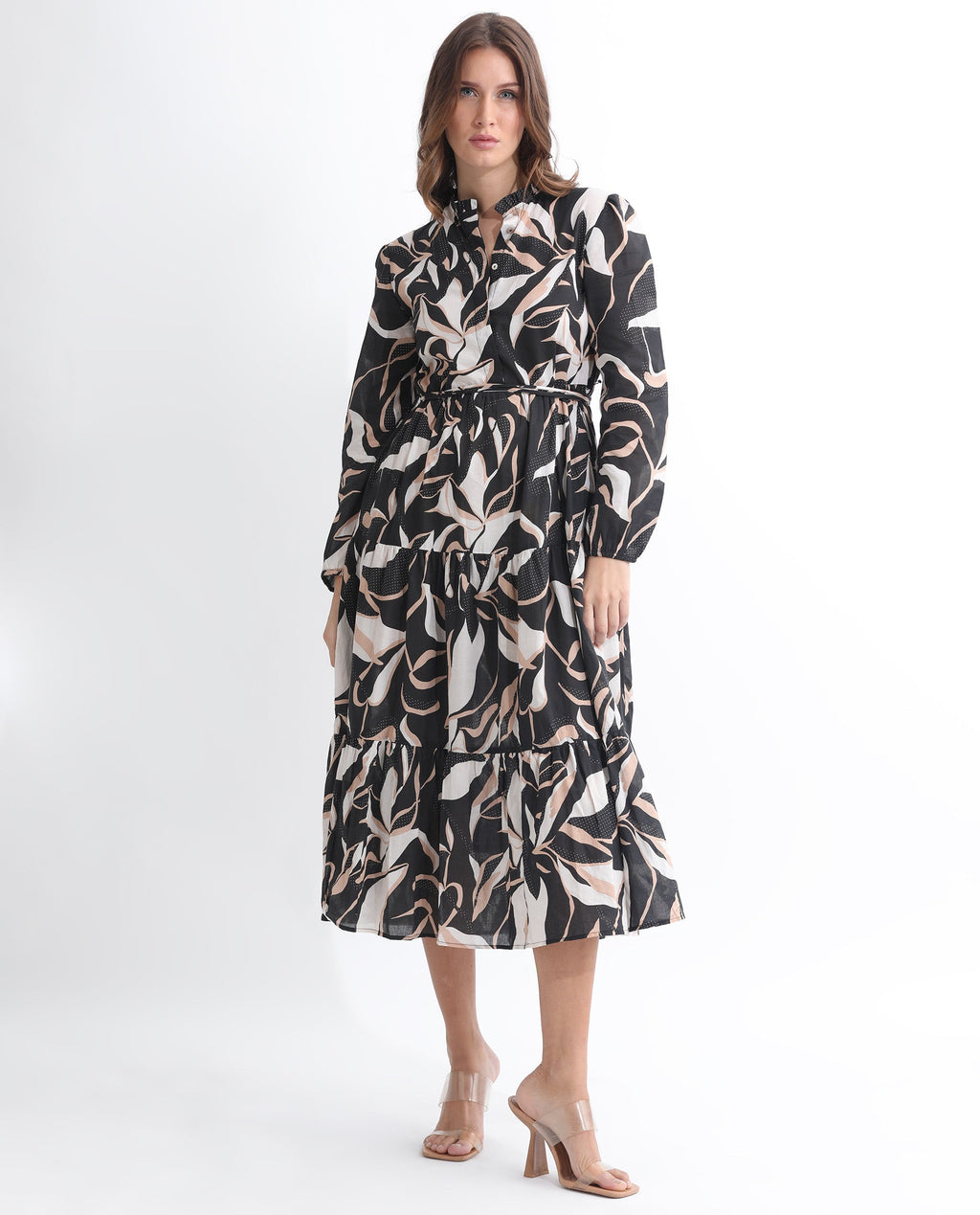 Rareism Women's Zigzora Black Cotton Sweetheart Neck Abstract Print Knee Length Regular Fit Dress