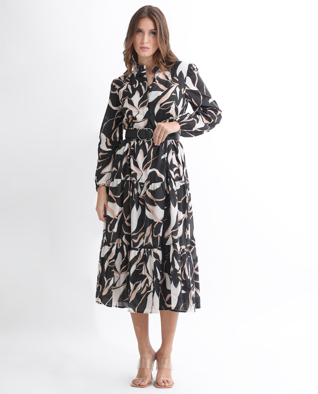 Rareism Women's Zigzora Black Cotton Sweetheart Neck Abstract Print Knee Length Regular Fit Dress