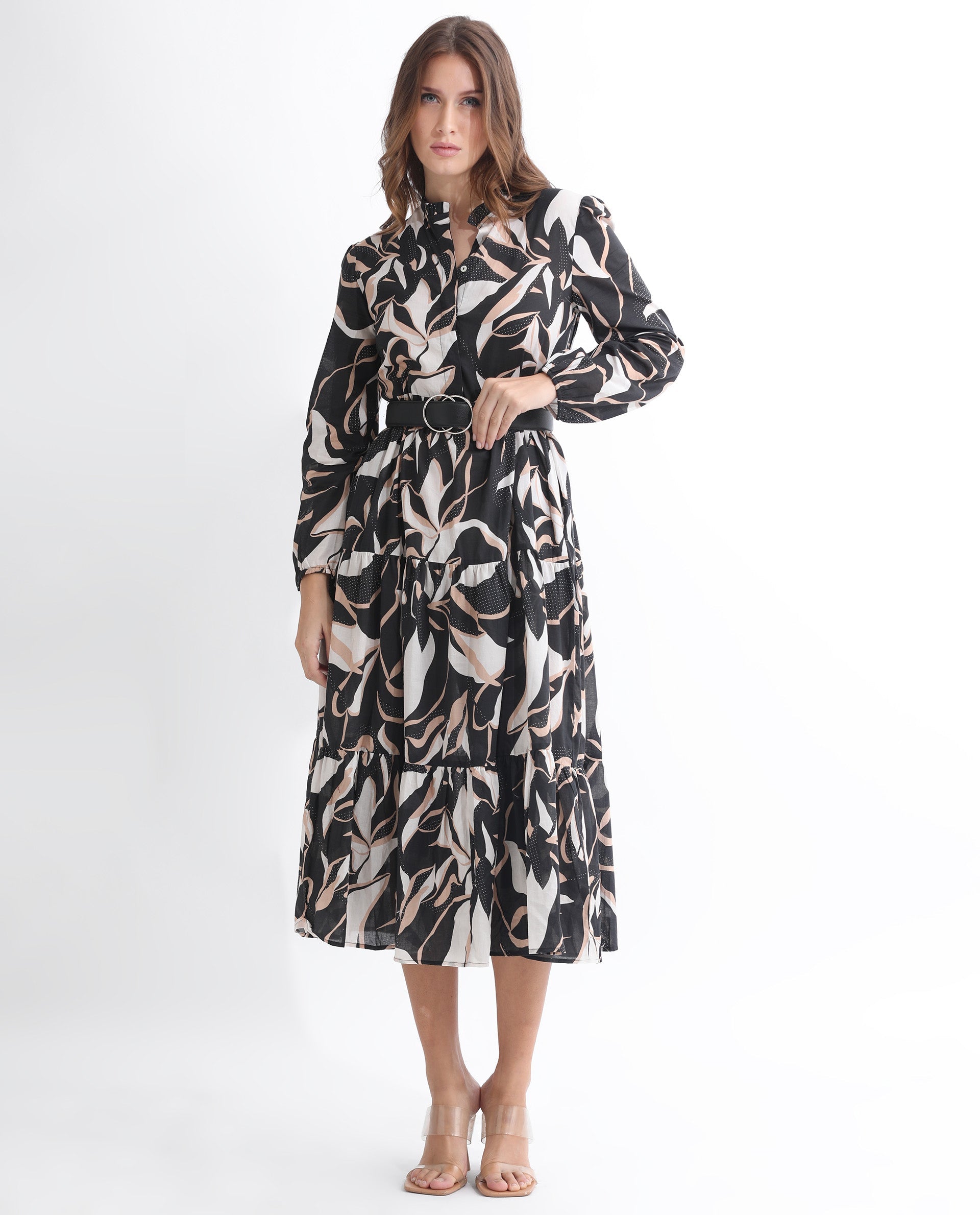 Rareism Women's Zigzora Black Cotton Sweetheart Neck Abstract Print Knee Length Regular Fit Dress