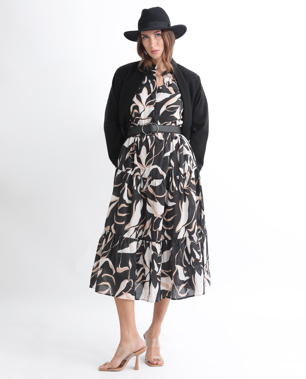 Rareism Women's Zigzora Black Cotton Sweetheart Neck Abstract Print Knee Length Regular Fit Dress
