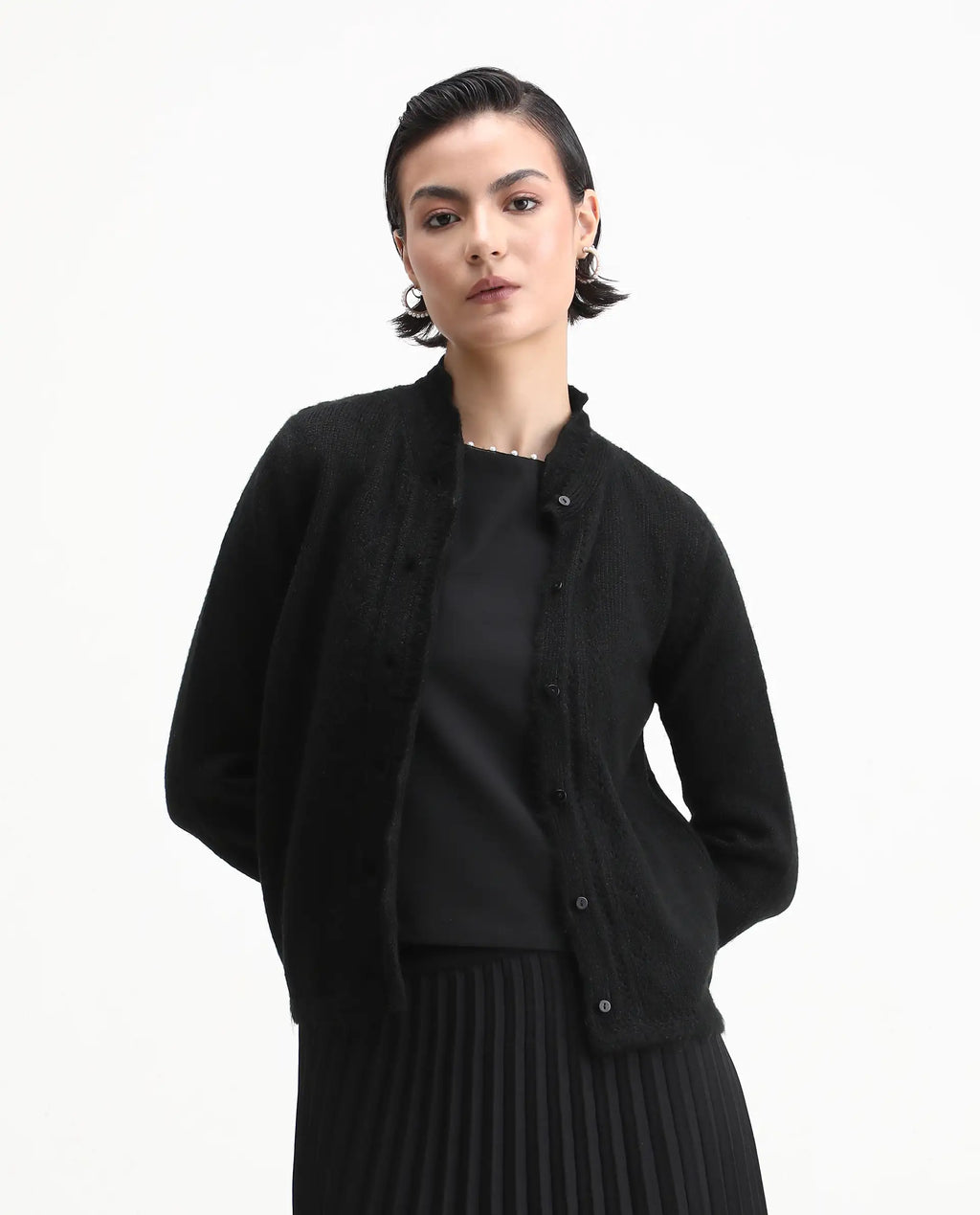 Rareism Women's Zika Black Acrylic Blend Crew Neck Regular Fit Shrug