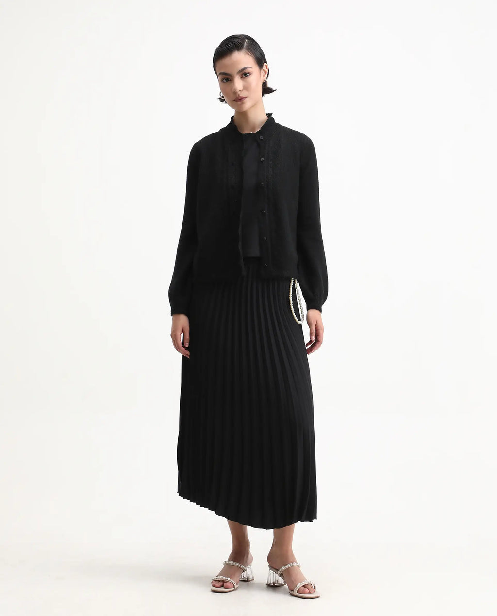 Rareism Women's Zika Black Acrylic Blend Crew Neck Regular Fit Shrug