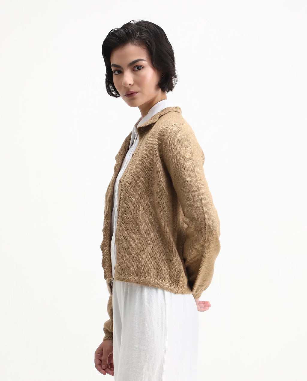 Rareism Women's Zika Khaki Acrylic Blend Spread Collar Regular Fit Sweater