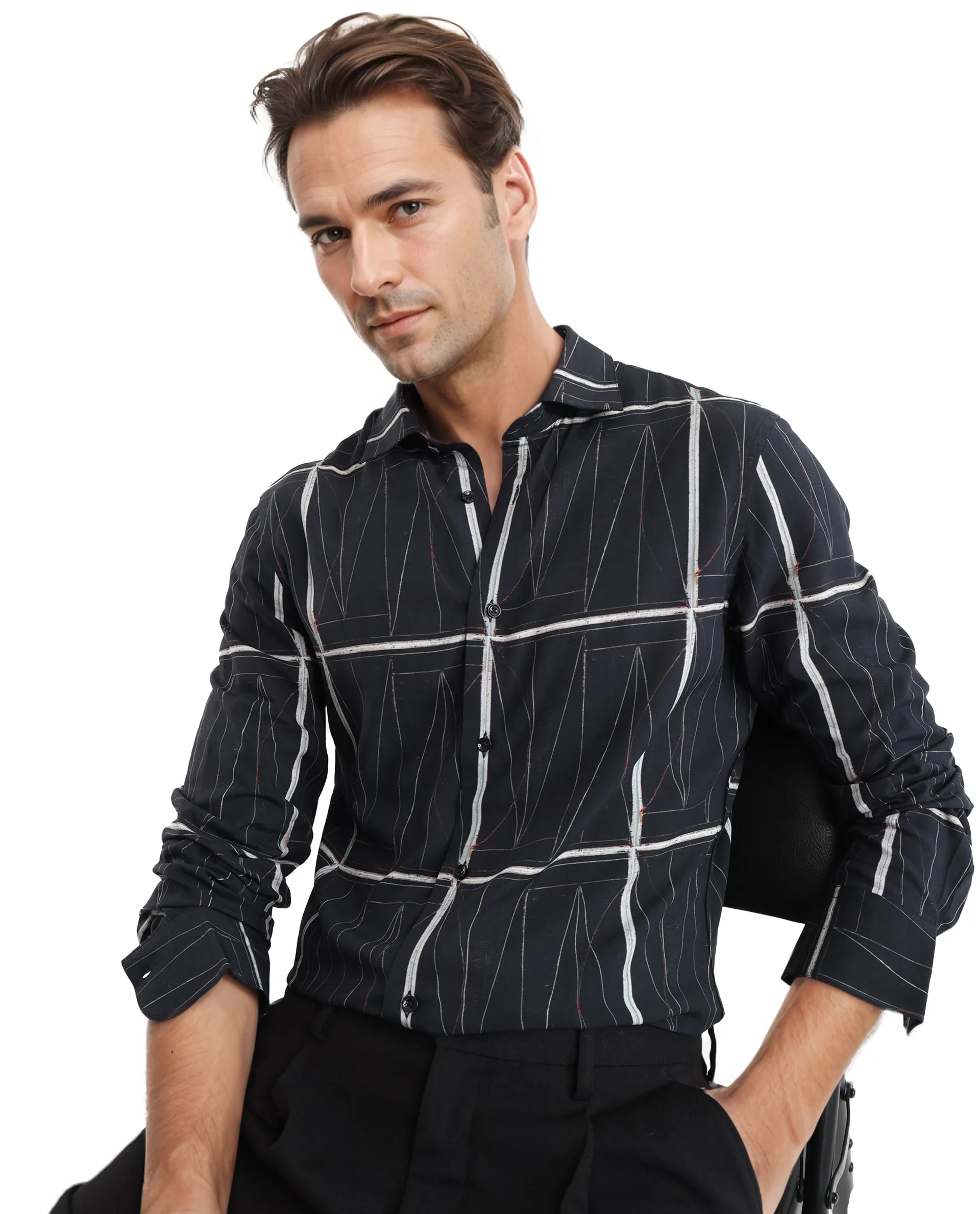 Rare Rabbit Men's Zilon Black Viscose Abstract Print Regular Fit Full Sleeve Collared Shirt