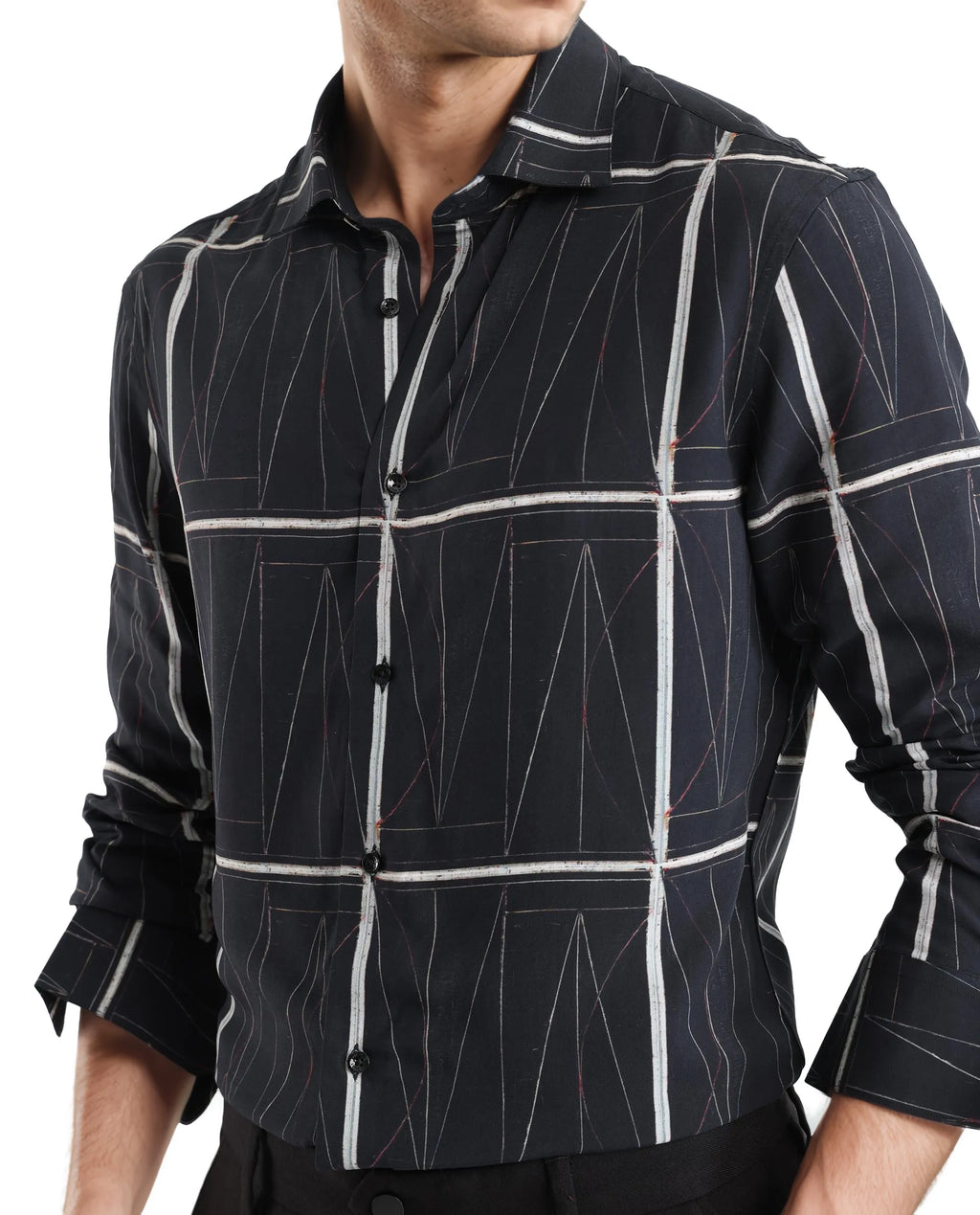 Rare Rabbit Men's Zilon Black Viscose Abstract Print Regular Fit Full Sleeve Collared Shirt