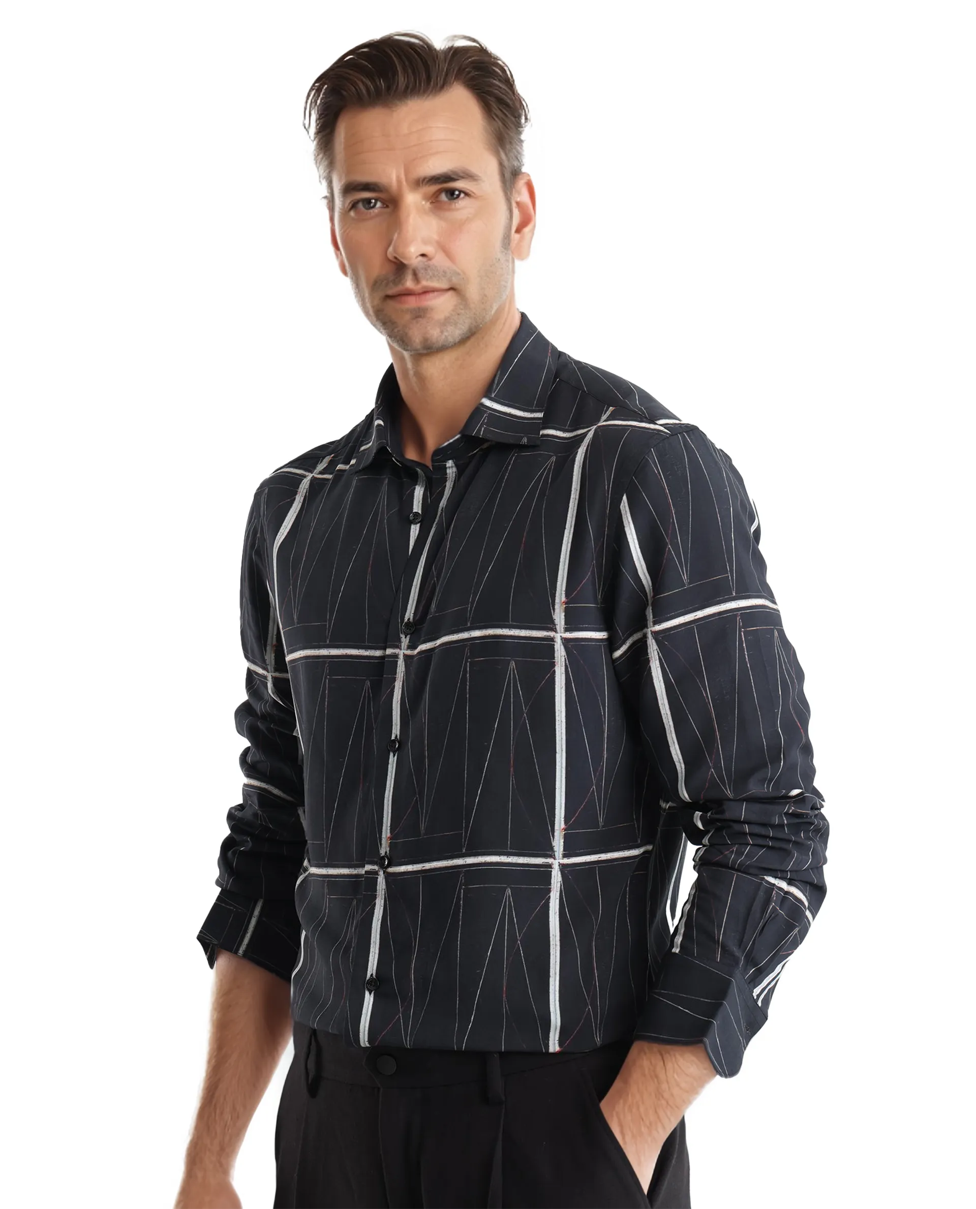 Rare Rabbit Men's Zilon Black Viscose Abstract Print Regular Fit Full Sleeve Collared Shirt