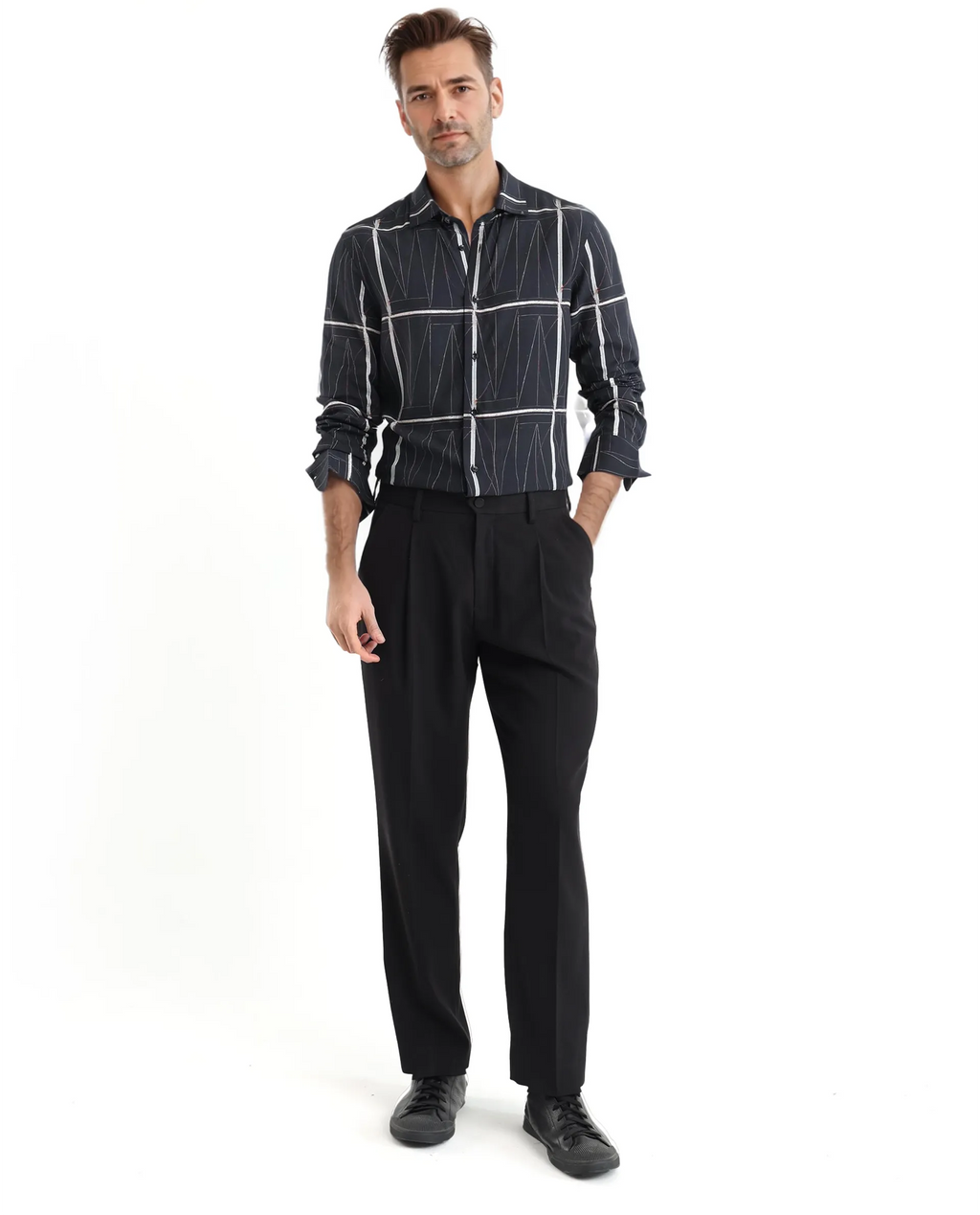 Rare Rabbit Men's Zilon Black Viscose Abstract Print Regular Fit Full Sleeve Collared Shirt