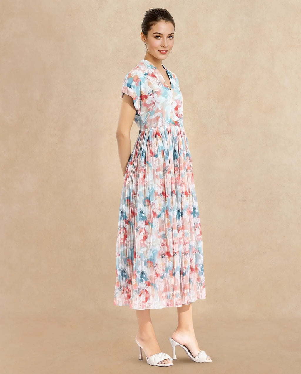 Rareism Women's Zinuzu Light Multi Polyester V-Neck Floral Print Extended Sleeves Midi Fit And Flare Dress