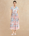 Rareism Women's Zinuzu Light Multi Polyester V-Neck Floral Print Extended Sleeves Midi Fit And Flare Dress