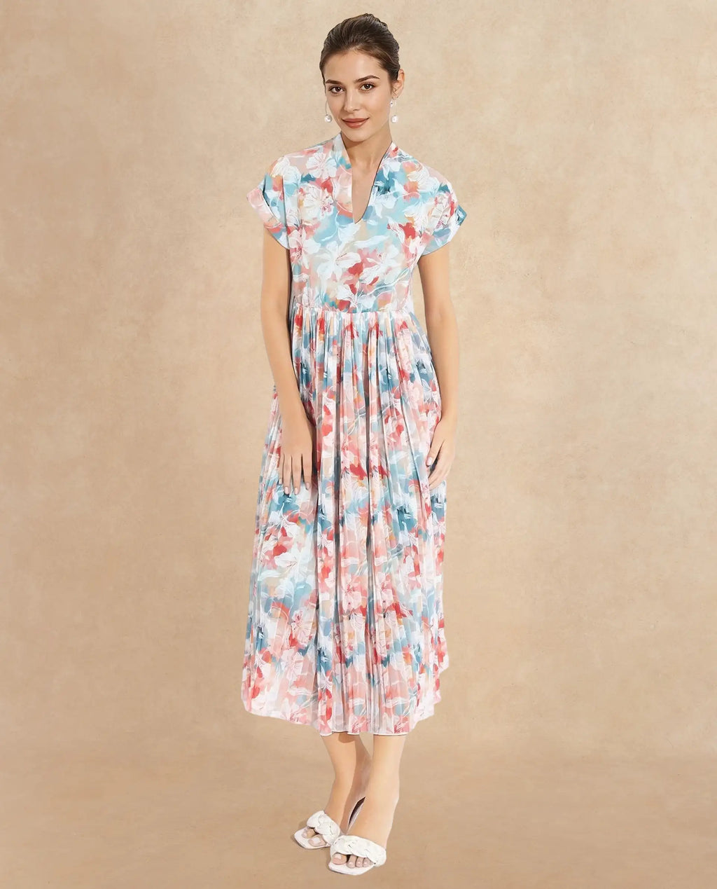 Rareism Women's Zinuzu Light Multi Polyester V-Neck Floral Print Extended Sleeves Midi Fit And Flare Dress