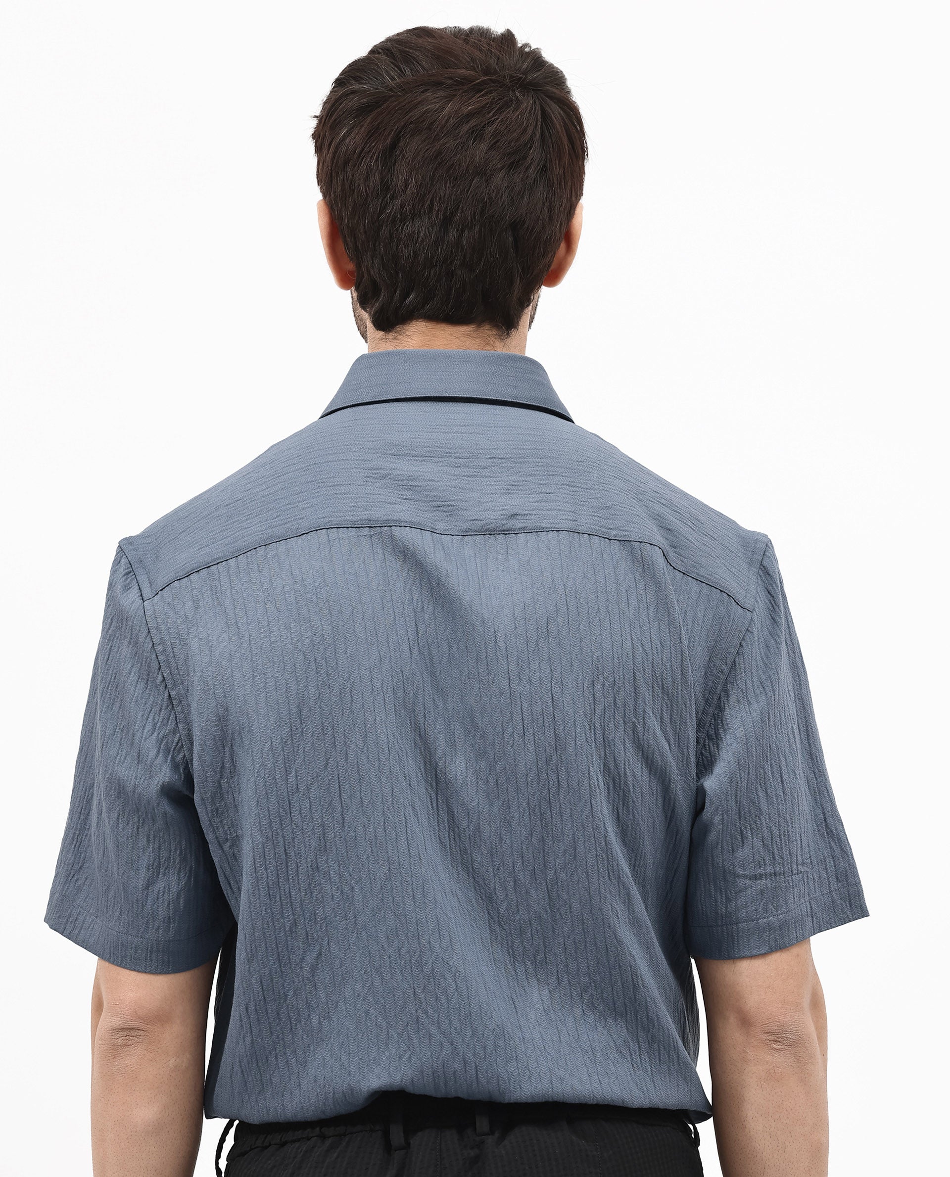 Rare Rabbit Men's Zion Dark Blue Cotton Plain Boxy Fit Half Sleeve Collared Shirt