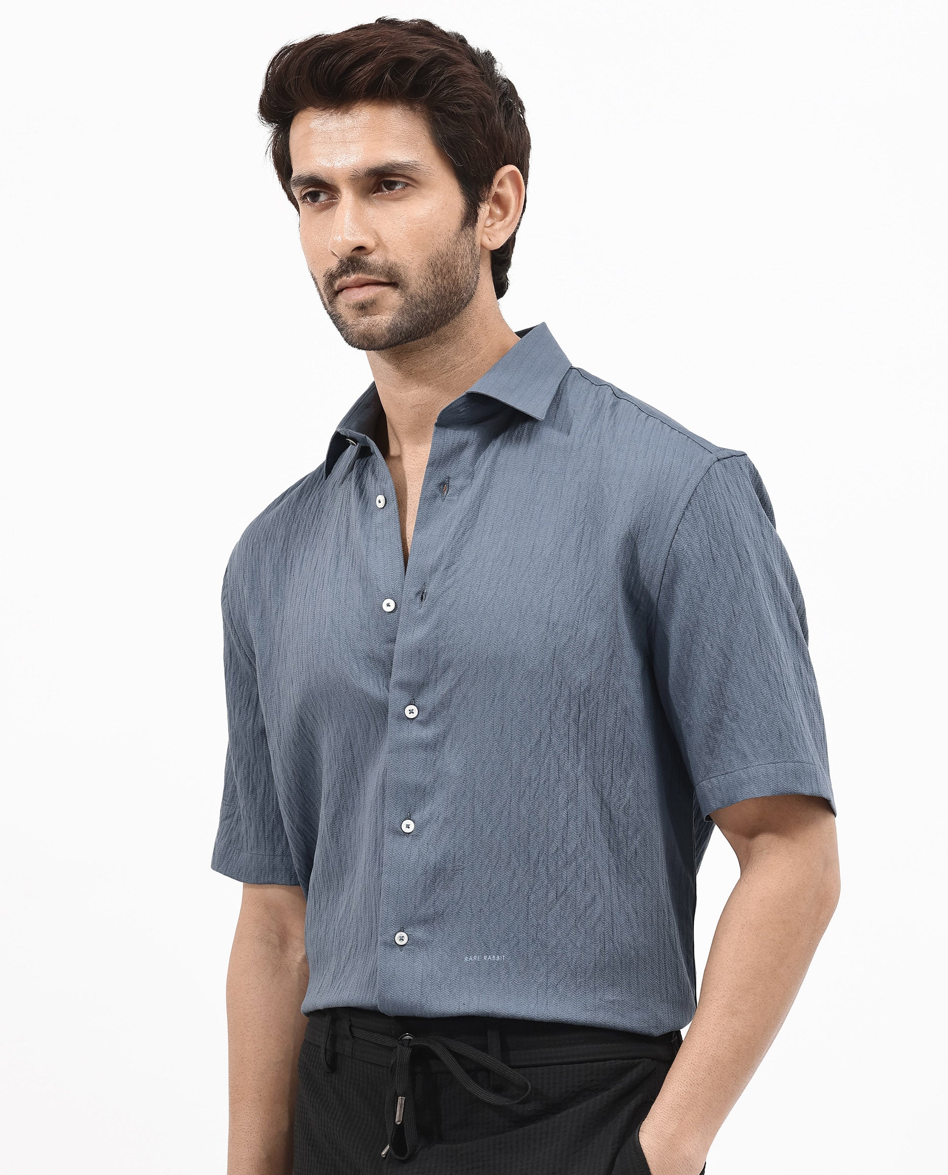 Rare Rabbit Men's Zion Dark Blue Cotton Plain Boxy Fit Half Sleeve Collared Shirt