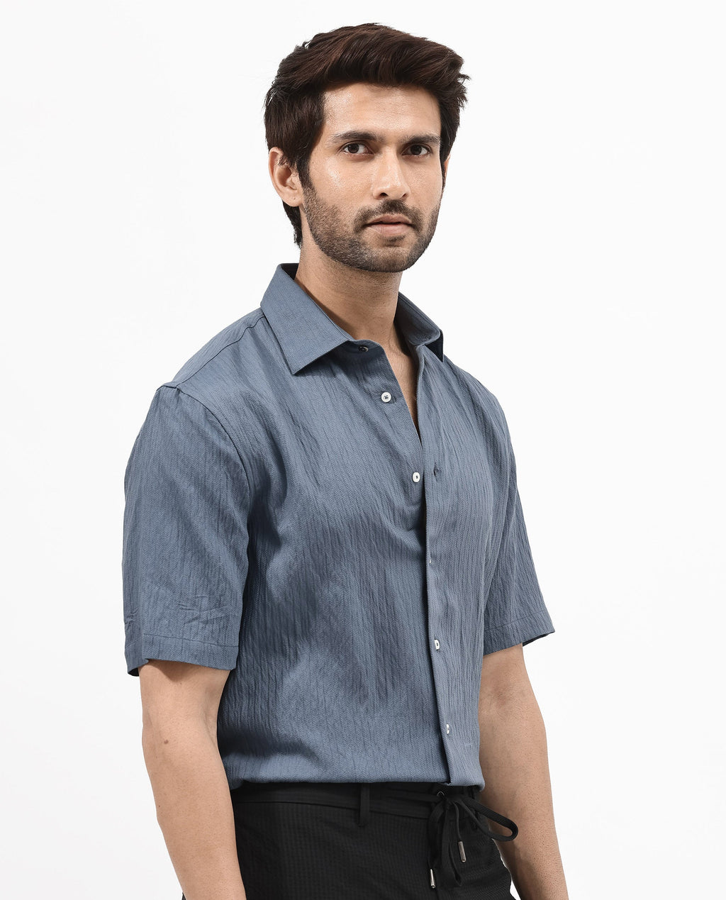 Rare Rabbit Men's Zion Dark Blue Cotton Plain Boxy Fit Half Sleeve Collared Shirt