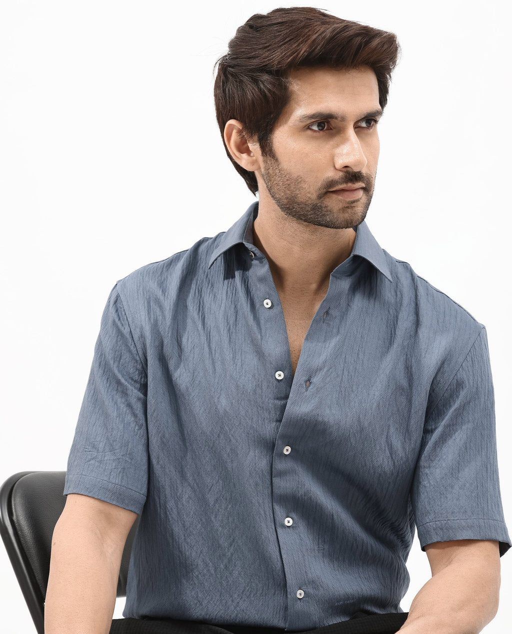 Rare Rabbit Men's Zion Dark Blue Cotton Plain Boxy Fit Half Sleeve Collared Shirt