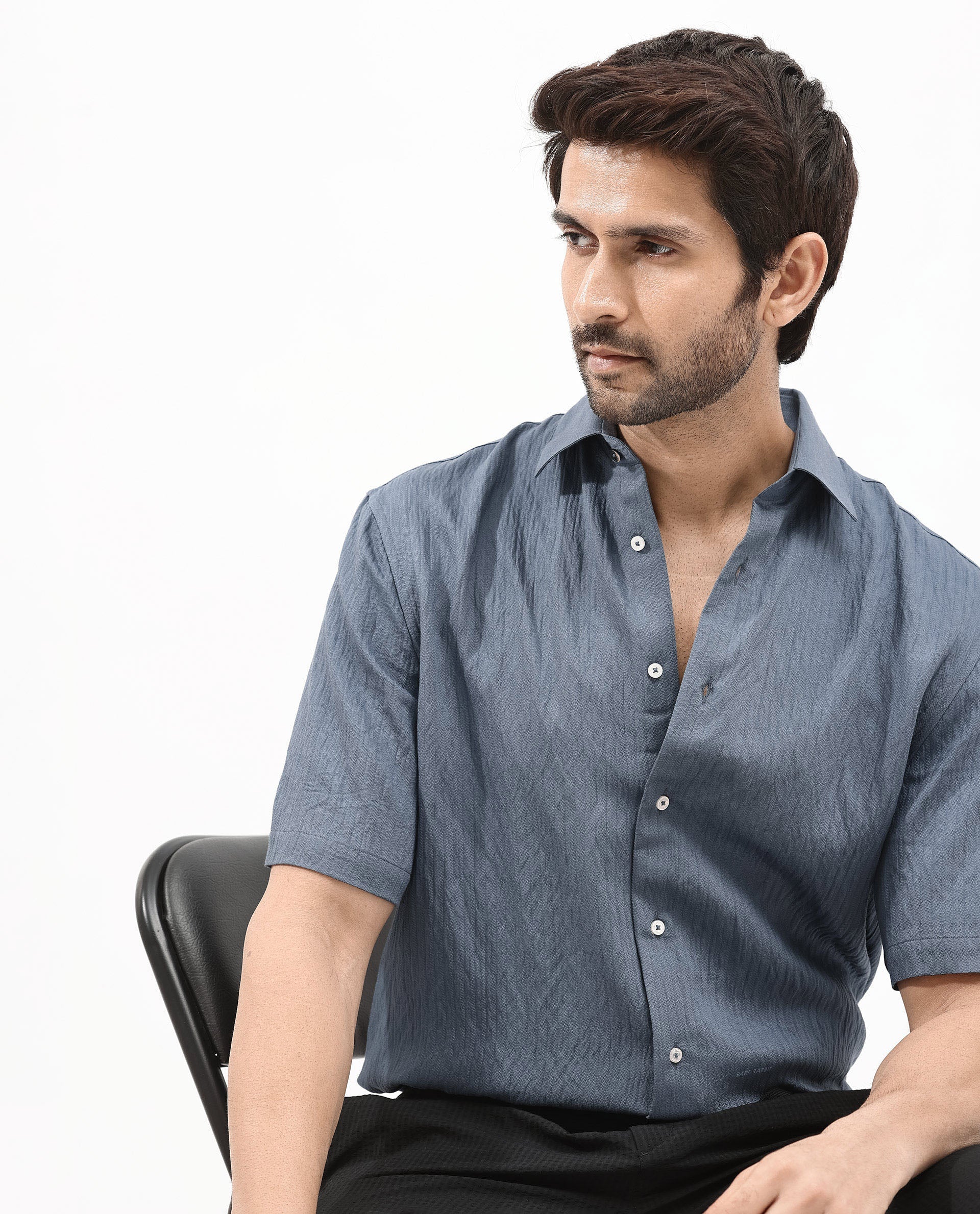 Rare Rabbit Men's Zion Dark Blue Cotton Plain Boxy Fit Half Sleeve Collared Shirt